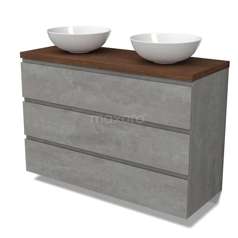 Grijze betonnen badkamermeubel met houtlook blad en twee witte waskommen, modern design voor een luxe badkamer.