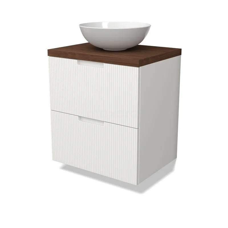 Modulo Plato Vanity units for countertop basin | 60 cm Matte white Line front Walnut worktop 2 Stacked drawers BMK17-03582 Wit badkamermeubel met houtlook blad, vrijstaande waskom en twee lades; strak en modern ontwerp.