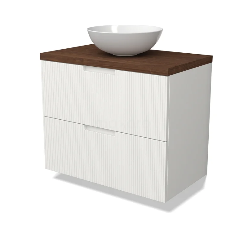 Modulo Plato Badkamermeubel voor waskom | 80 cm Mat wit Lijn front Walnoot blad 2 lades onder elkaar BMK17-03584 Wit badkamermeubel met houtlook blad en ronde opbouw wastafel; modern ontwerp met twee lades.