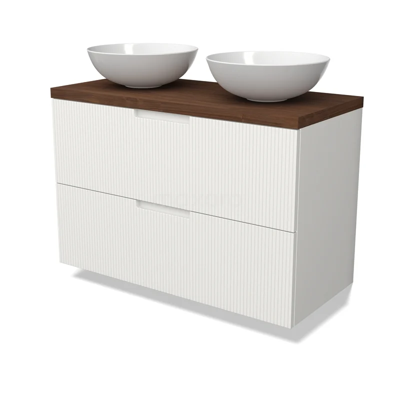 Modulo Plato Vanity units for countertop basin | 100 cm Matte white Line front Walnut worktop 2 Stacked drawers BMK17-03586 Wit badkamermeubel met dubbele wastafel, houten blad en moderne uitstraling, perfect voor stijlvolle badkamerinrichting.