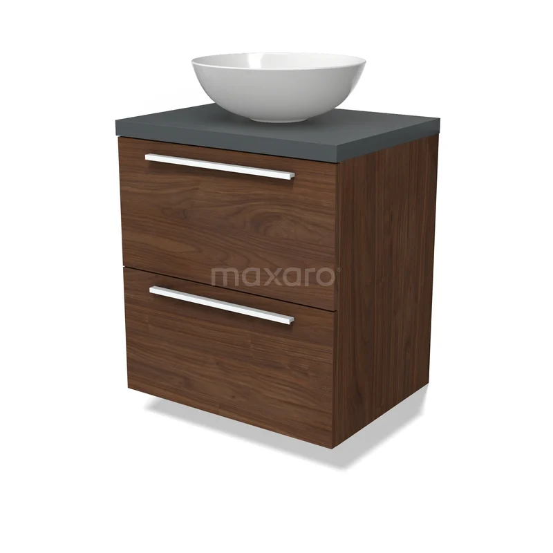 Modulo Plato Badkamermeubel voor waskom | 60 cm Walnoot Vlak front Donkergrijs blad 2 lades onder elkaar BMK17-03282 Houten badkamermeubel met twee lades, donkerwoudkleur, grijs blad en witte waskom; moderne en stijlvolle opbergoplossing.