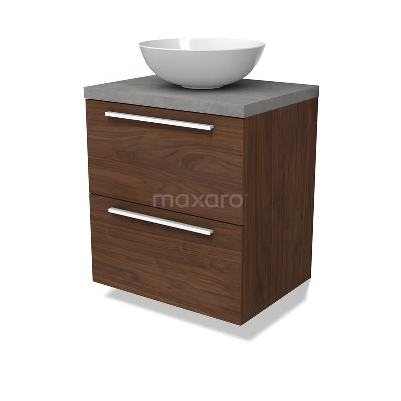 Modulo Plato Vanity units for countertop basin | 60 cm Walnoot Flat front Light grey concrete worktop 2 Stacked drawers BMK17-03293 Houten badkamerkast met moderne waskom, 2 lades en grijze steenlook bovenkant, ideaal voor stijlvolle badkameropslag.