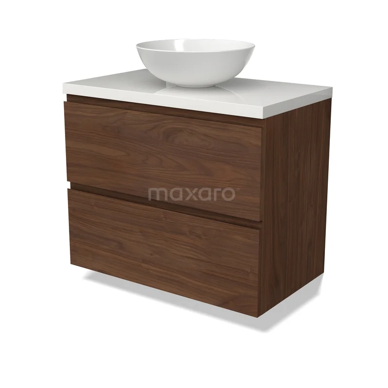 Waschbeckenmöbel Modulo BMK17-03334 Holz Badezimmermöbel mit zwei Schubladen, weißem keramischen Aufsatzwaschbecken und modernem Design, ideal für stilvolle Badezimmergestaltung.