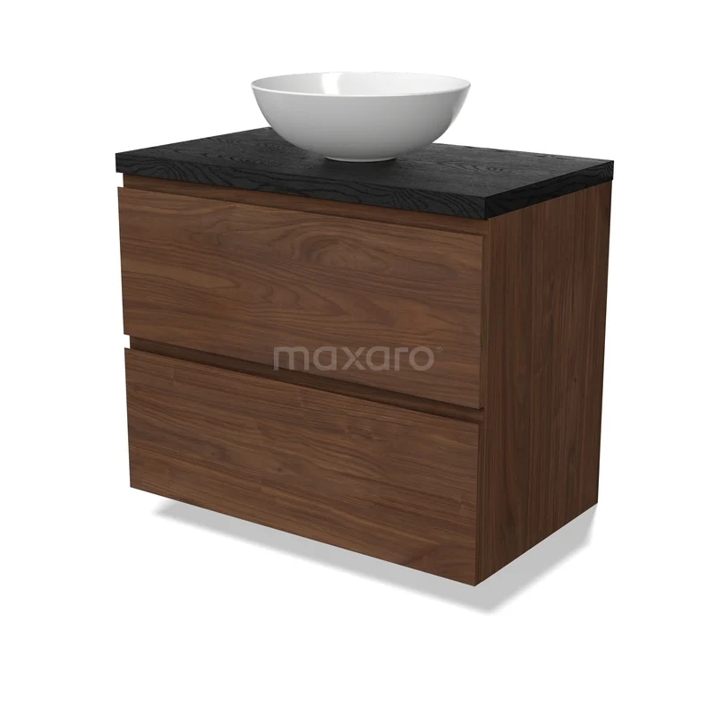Modulo Plato Vanity units for countertop basin | 80 cm Walnoot Handle-less front Black oak worktop 2 Stacked drawers BMK17-03339 Wasm meubel met walnoothouten kast, zwarte stenen blad en witte ovale waskom, ideaal voor moderne badkamers.