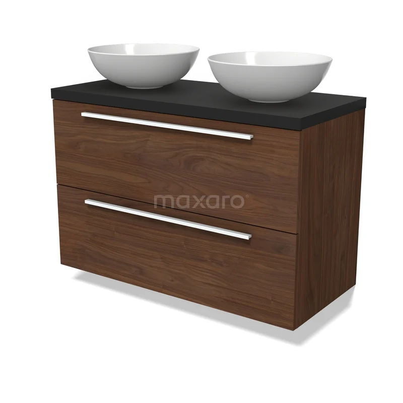Modulo Plato Vanity units for countertop basin | 100 cm Walnut Flat front Matte black worktop 2 Stacked drawers BMK17-03349 Houten badkamermeubel met dubbele witte waskom, donker eiken uitvoering, moderne stijl met strak design.
