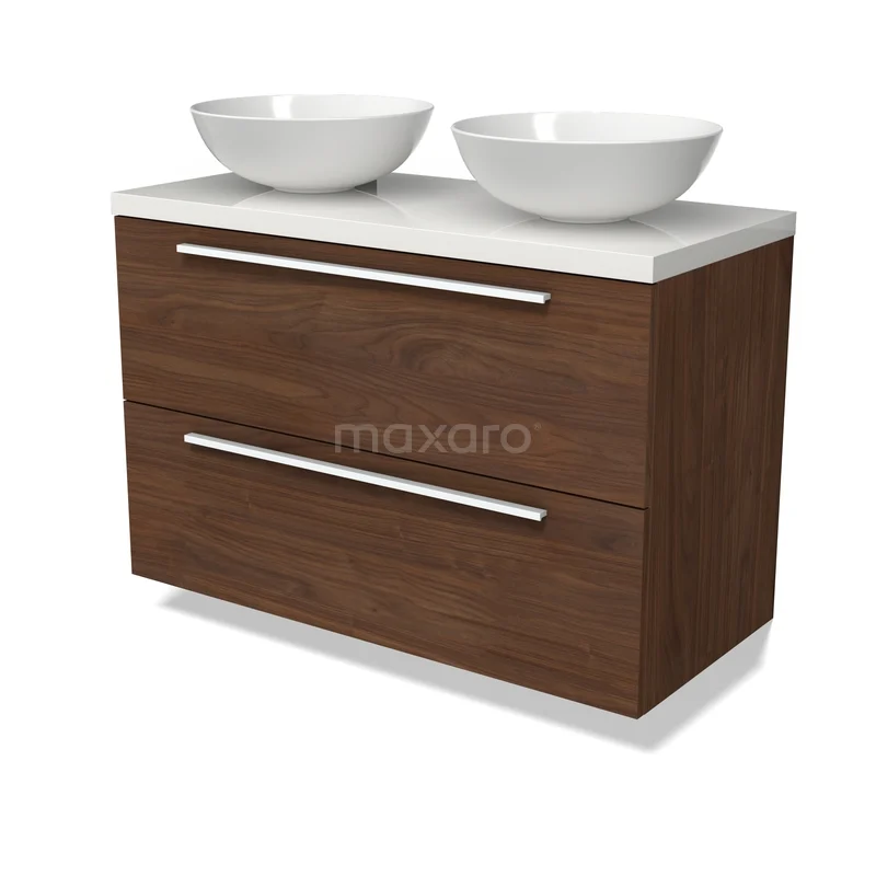 Houten badkamermeubel met twee witte waskommen, softclose lades en modern design, perfect voor een stijlvolle badkamer inrichting.