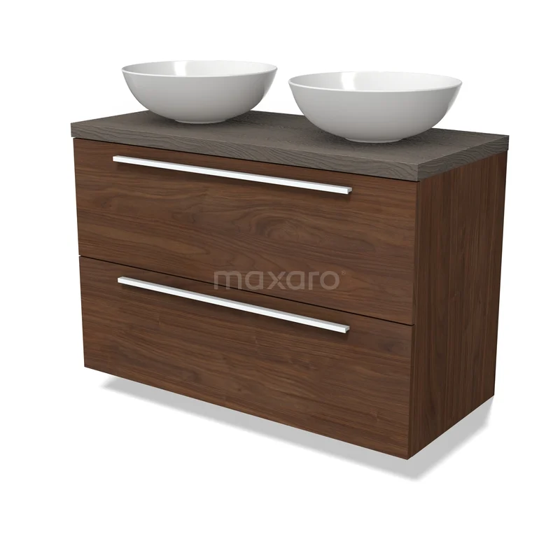 Modulo Plato Vanity units for countertop basin | 100 cm Walnut Flat front Dark brown oak worktop 2 Stacked drawers BMK17-03362 Houten badkamermeubel met donkerbruin fineer, twee lades, een grijs blad en twee witte waskommen, ideaal voor moderne badkamers.