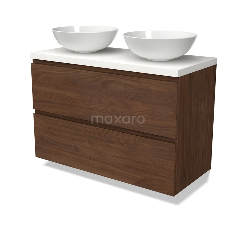 Waschbeckenmöbel Modulo BMK17-03371 Holz-Badmöbel mit doppeltem weißen Aufsatzwaschbecken, modernes Design, geeignet für eine stilvolle Badezimmergestaltung.