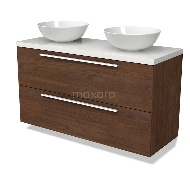 Modulo Plato Vanity units for countertop basin | 120 cm Walnoot Flat front High-gloss white worktop 2 Stacked drawers BMK17-03388 Houten badkamermeubel met dubbele witte wastafels, modern design en een luxe uitstraling, perfect voor elke badkamer.