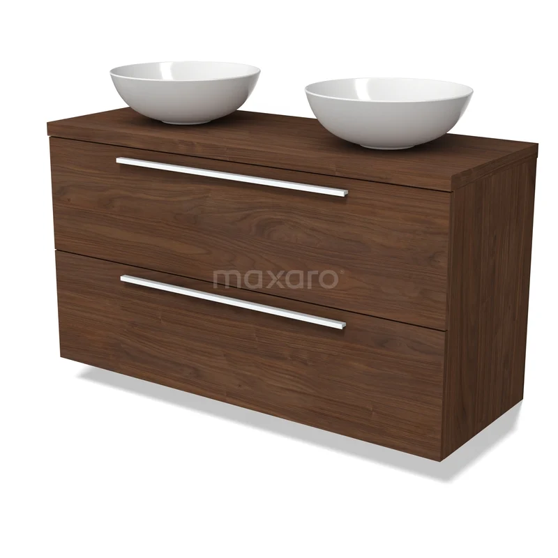Modulo Plato Vanity units for countertop basin | 120 cm Walnut Flat front Walnut worktop 2 Stacked drawers BMK17-03400 Houten badkamermeubel met donkerbruine afwerking, twee lades en dubbele witte wastafels voor een moderne badkamerstijl.