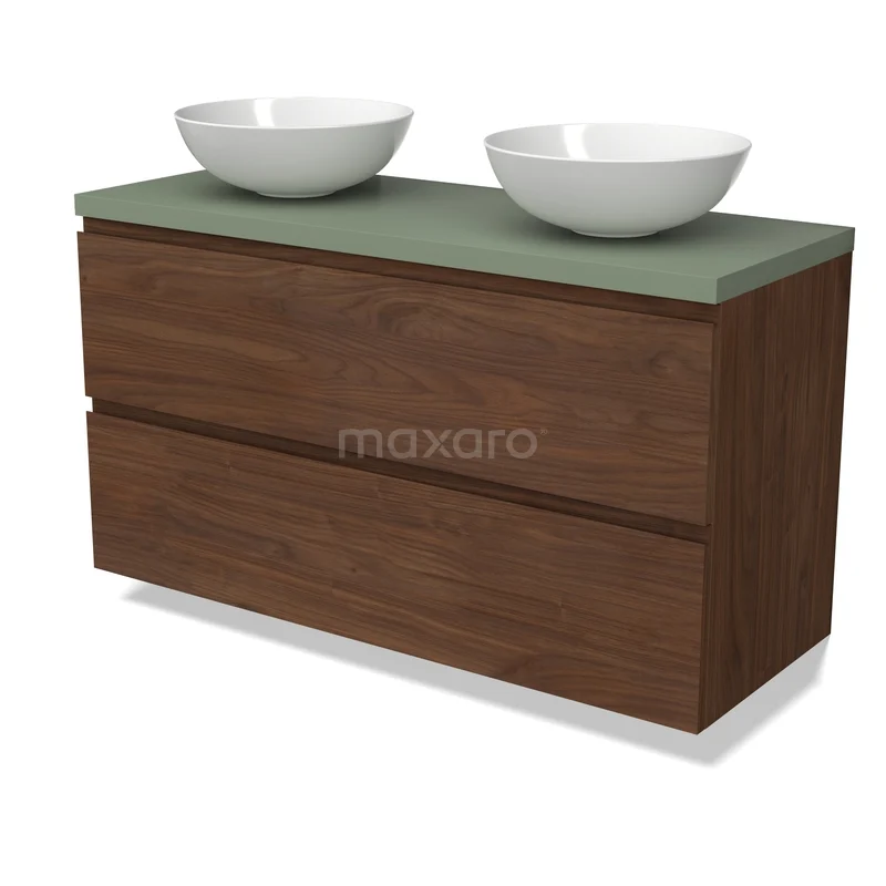 Douchekamermeubel houtlook met groene wastafelblad en dubbele witte waskommen, ideaal voor moderne badkamers.