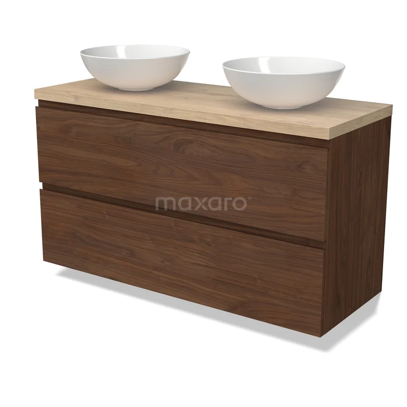 Modulo Plato Badkamermeubel voor waskom | 120 cm Walnoot Greeploos front Lichtbruin eiken blad 2 lades onder elkaar BMK17-03414 Houten badkamermeubel met dubbele waskom, modern design, notenhouten afwerking en ruim opberggedeelte.