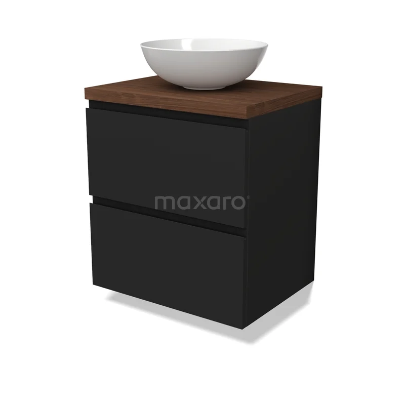 Waschbeckenmöbel Modulo BMK17-03423 Schwarze Badmöbelset mit Holzplatte und weißem, schalenförmigem Waschbecken, modernes Design und klare Linien.