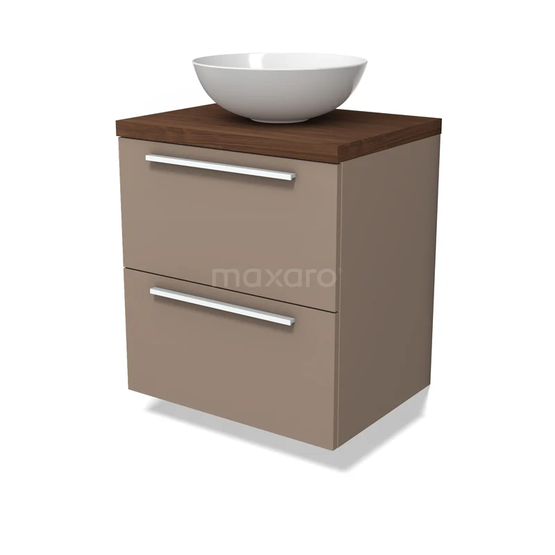 Modulo Plato Vanity units for countertop basin | 60 cm Taupe Flat front Walnut worktop 2 Stacked drawers BMK17-03424 Beige bathroom furniture with wooden top and white washbasin, modern design, ideal for stylish bathroom spaces.