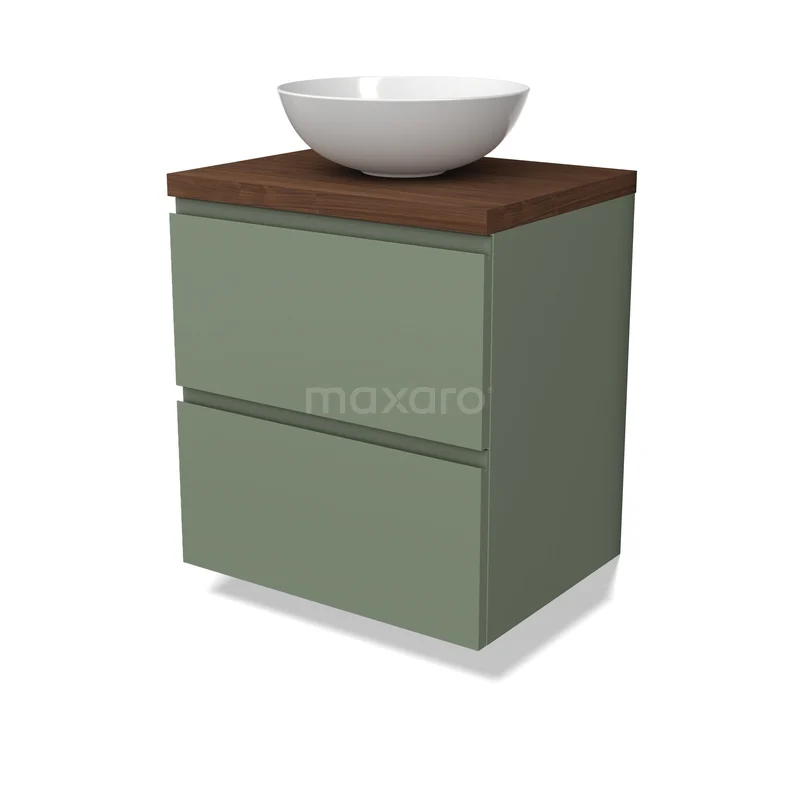Modulo Plato Badkamermeubel voor waskom | 60 cm Saliegroen Greeploos front Walnoot blad 2 lades onder elkaar BMK17-03439 Groen badkamermeubel met twee lades, houten bovenblad en keramische waskom; modern design voor stijlvolle badkamer.