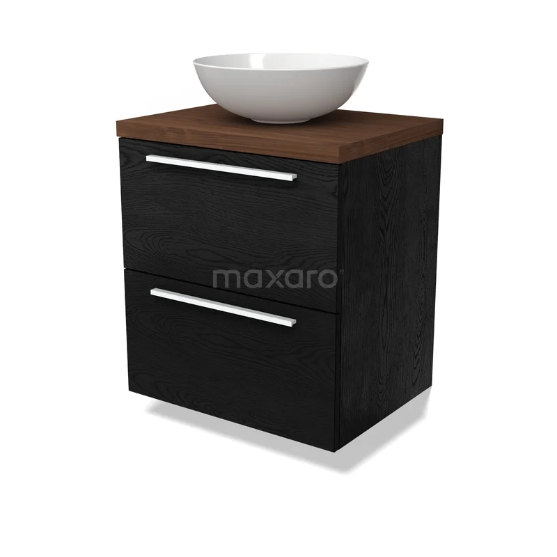 Modulo Plato Vanity units for countertop basin | 60 cm Black oak Flat front Walnut worktop 2 Stacked drawers BMK17-03440 Zwart badkamermeubel met houtlook blad, opzetwastafel en lades met chromen grepen, modern design.
