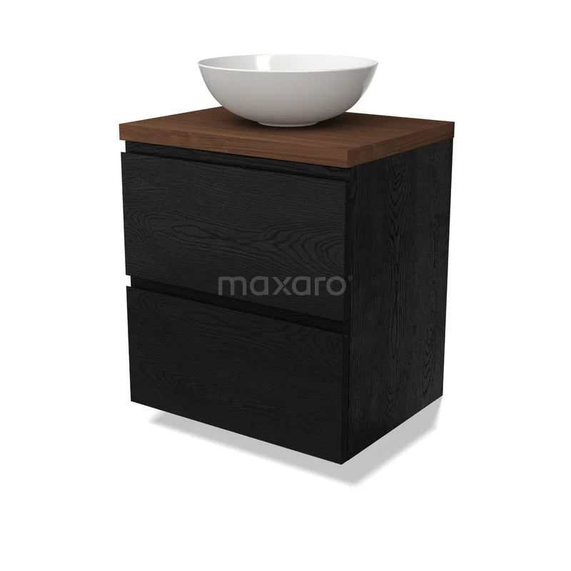 Modulo Plato Vanity units for countertop basin | 60 cm Black oak Handle-less front Walnut worktop 2 Stacked drawers BMK17-03441 Zwarte badkamerkast met houtlook top en witte waskom, modern design en 2 lades voor praktische badkameropslag.