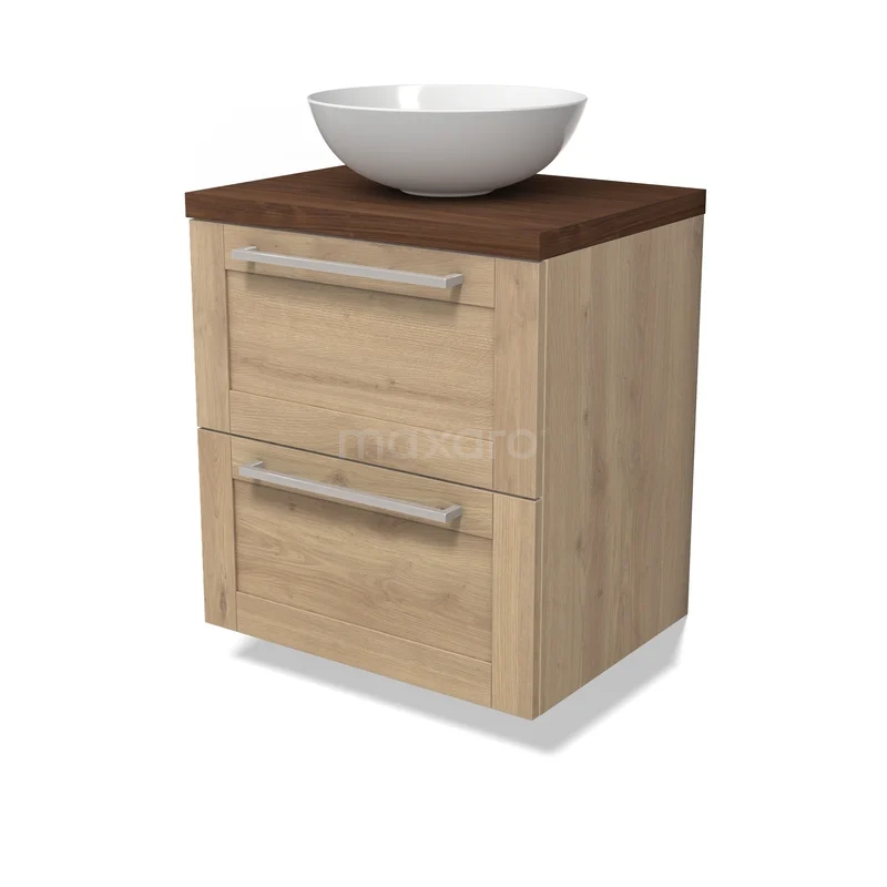 Modulo Plato Badkamermeubel voor waskom | 60 cm Lichtbruin eiken Kader front Walnoot blad 2 lades onder elkaar BMK17-03449 Eikenhouten badkamermeubel met twee lades, een donkerhouten blad en een moderne opzetwaskom, ideaal voor een stijlvolle badkamer.