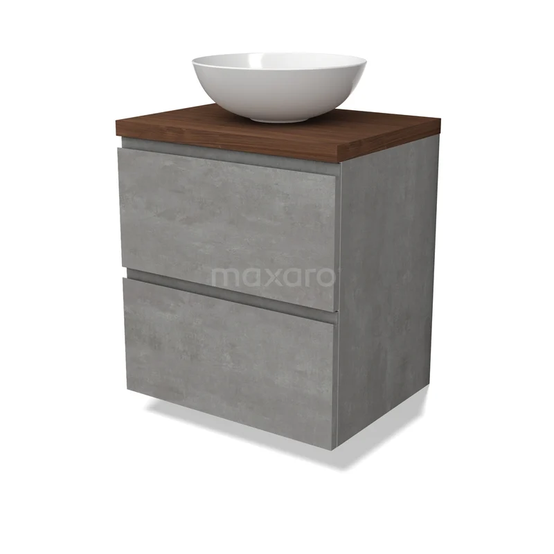 Modulo Plato Vanity units for countertop basin | 60 cm Light grey concrete Handle-less front Walnut worktop 2 Stacked drawers BMK17-03458 Grijze badkamerkast met betonlook, houtfineer blad en witte ronde waskom, ideaal als stijlvolle wastafelmeubel.