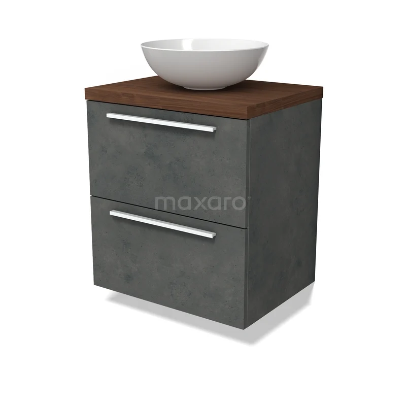 Modulo Plato Vanity units for countertop basin | 60 cm Dark grey concrete Flat front Walnut worktop 2 Stacked drawers BMK17-03459 Grijze badkamermeubelset met houtlook blad, keramische waskom en twee lades; modern, compact ontwerp voor stijlvolle badkamers.