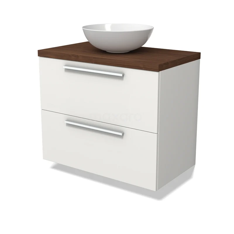 Modulo Plato Badkamermeubel voor waskom | 80 cm Mat wit Vlak front Walnoot blad 2 lades onder elkaar BMK17-03472 Wit badkamermeubel met twee lades, houten blad en ronde witte waskom; modern ontwerp voor stijlvolle badkamerinrichting.