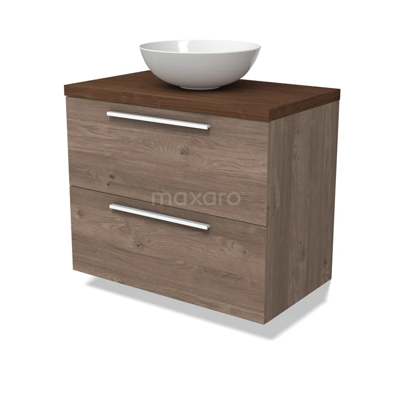 Modulo Plato Badkamermeubel voor waskom | 80 cm Middenbruin eiken Vlak front Walnoot blad 2 lades onder elkaar BMK17-03491 Houten badkamermeubel met waskom, inclusief twee lades, natuurlijke houtlook en elegante metalen handgrepen.