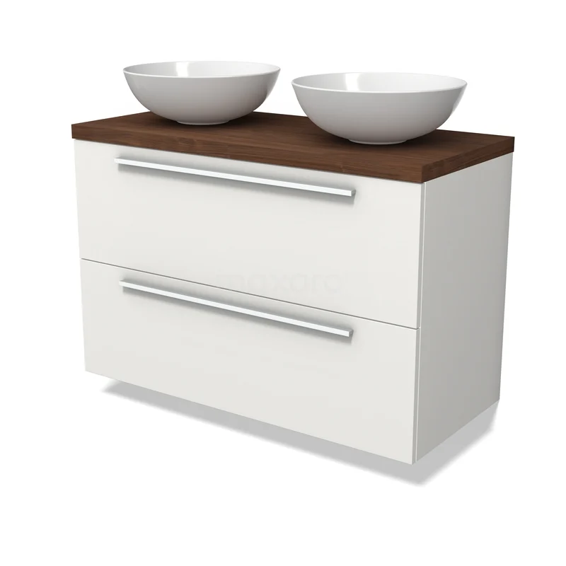 Modulo Plato Vanity units for countertop basin | 100 cm Matte white Flat front Walnoot worktop 2 Stacked drawers BMK17-03512 Witte badkamermeubel met houten blad, dubbele waskommen en twee lades met metalen grepen, modern en praktisch design.