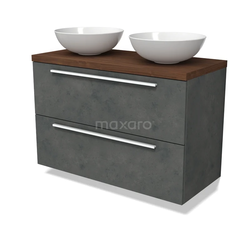 Modulo Plato Vanity units for countertop basin | 100 cm Dark grey concrete Flat front Walnut worktop 2 Stacked drawers BMK17-03539 Grijze badkamermeubel met betonlook, houtkleurig blad, dubbele witte waskommen en moderne metalen handgrepen.