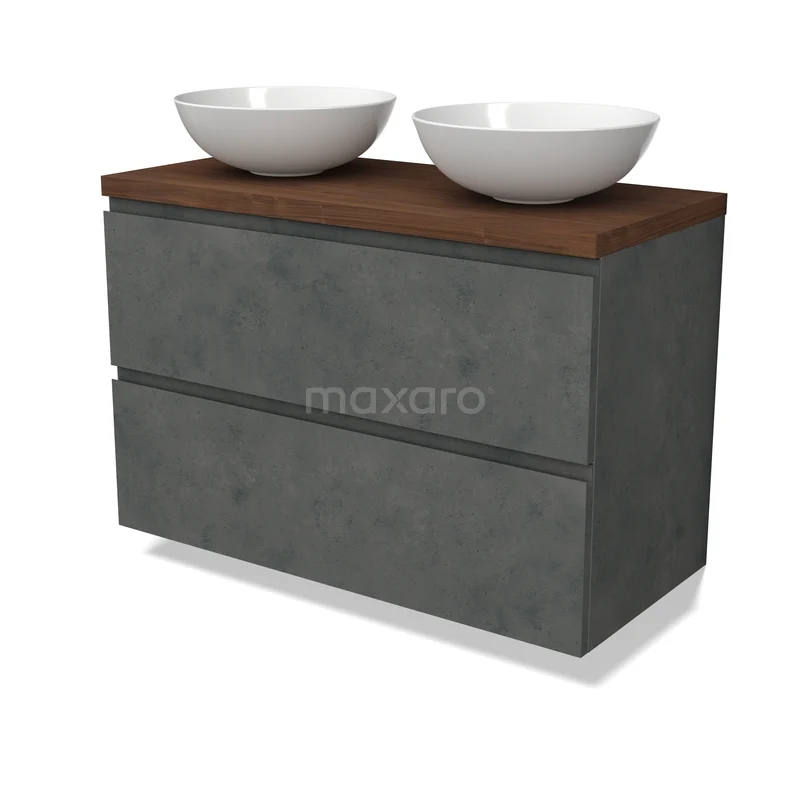 Modulo Plato Vanity units for countertop basin | 100 cm Dark grey concrete Handle-less front Walnut worktop 2 Stacked drawers BMK17-03540 Antracietgrijs badkamermeubel met twee keramische waskommen, houtlook blad en strak modern design.