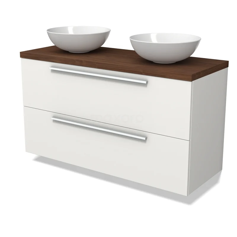 Modulo Plato Vanity units for countertop basin | 120 cm Matte white Flat front Walnut worktop 2 Stacked drawers BMK17-03552 Witte badkamermeubelset met twee ronde wastafels, houten bovenblad en metalen grepen, ideaal voor een moderne badkamerstijl.