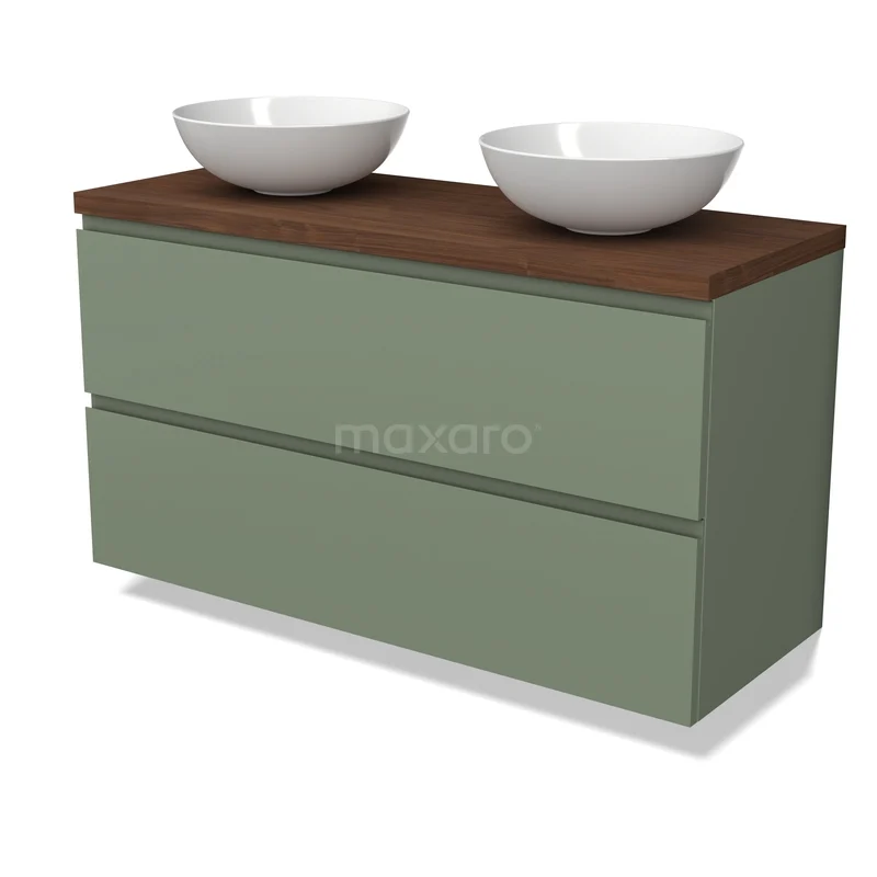 Modulo Plato Vanity units for countertop basin | 120 cm Sage green Handle-less front Walnut worktop 2 Stacked drawers BMK17-03559 Groene badkamermeubelset met twee lades, houten blad en dubbele wastafel, ideaal voor een moderne badkamerstijl.