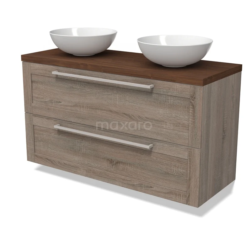 Modulo Plato Vanity units for countertop basin | 120 cm Oak Frame front Walnut worktop 2 Stacked drawers BMK17-03563 Houten badkamermeubel met modern design, twee witte wastafels en ruime lades. Perfect voor stijlvolle badkameropslag.