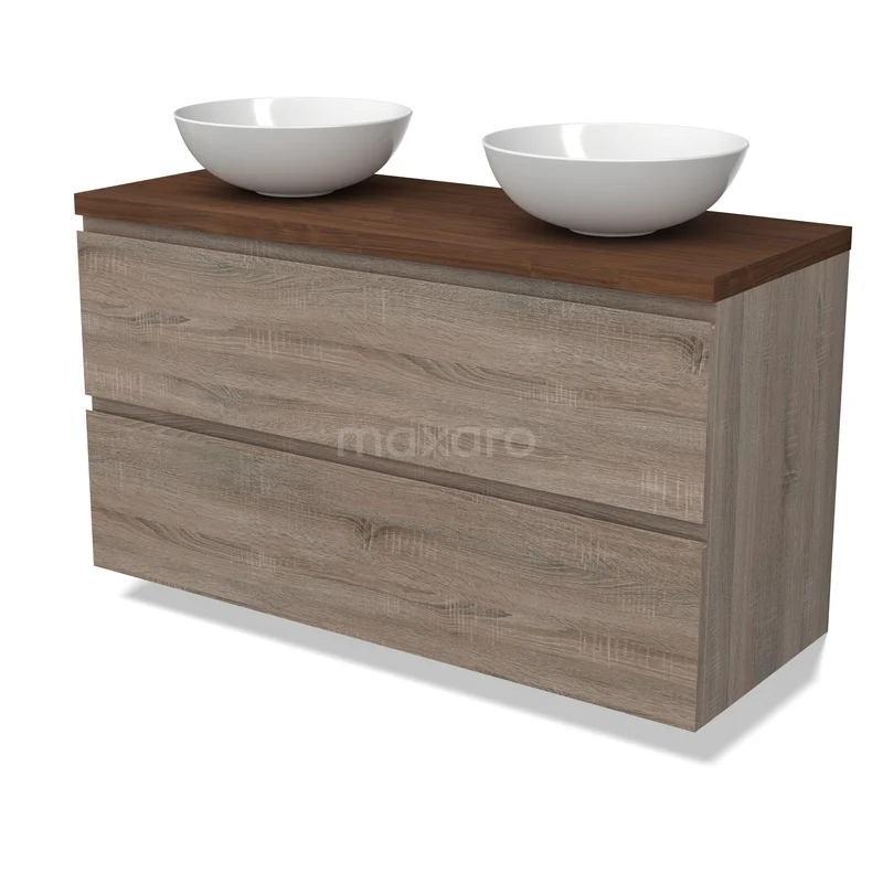 Modulo Plato Vanity units for countertop basin | 120 cm Oak Handle-less front Walnut worktop 2 Stacked drawers BMK17-03564 Houten badkamermeubel met twee witte keramische waskommen, modern design in eikenlook, perfect voor een stijlvolle badkamer.