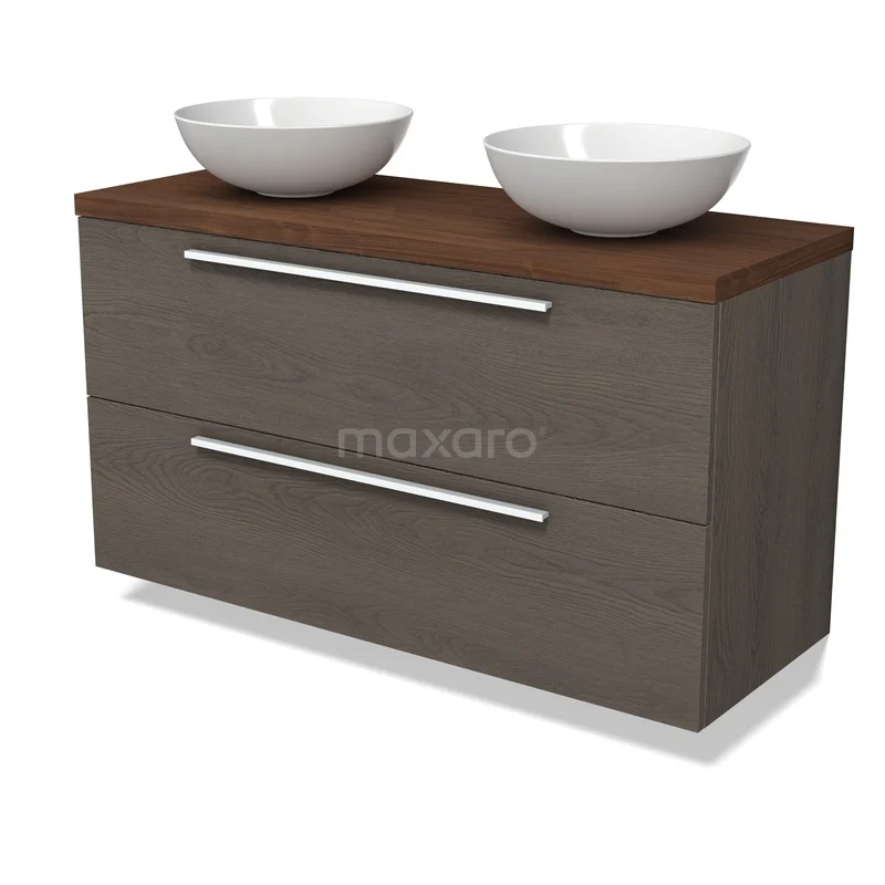 Modulo Plato Vanity units for countertop basin | 120 cm Dark brown oak Flat front Walnut worktop 2 Stacked drawers BMK17-03574 Houten badmeubel met donkerbruin blad, twee ronde witte waskommen, en zilveren handgrepen, ideaal voor een moderne badkamer.