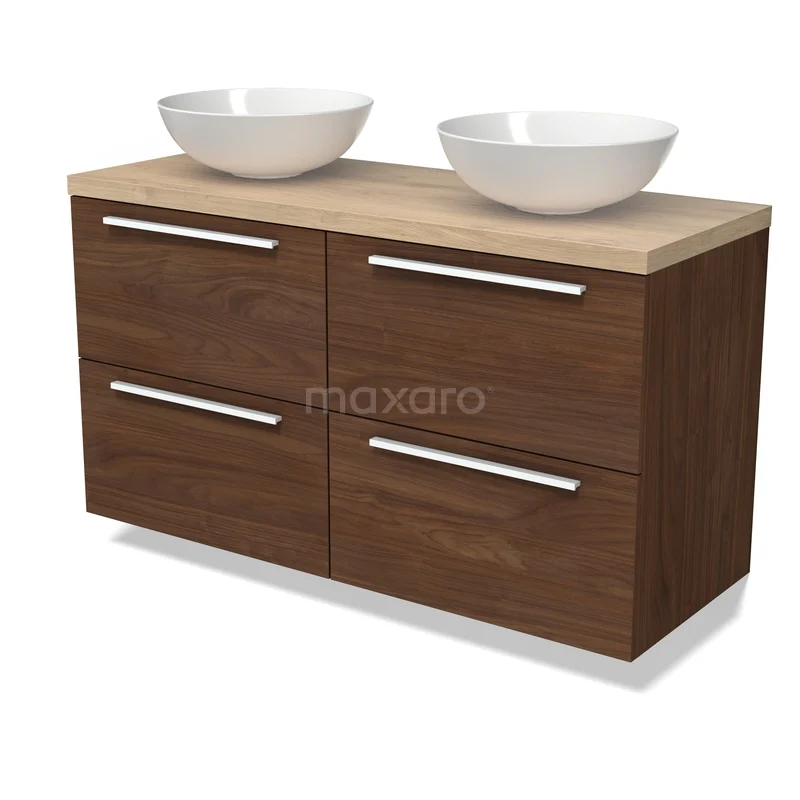 Modulo Plato Vanity units for countertop basin | 120 cm Walnut Flat front Light brown oak worktop 4 drawers BMK18-02312 Houten wastafelmeubel met walnoot-look, dubbele witte waskommen en vier lades, ideaal voor een moderne badkamer.