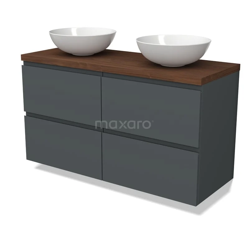 Modulo Plato Vanity units for countertop basin | 120 cm Dark grey Handle-less front Walnoot worktop 4 drawers BMK18-02385 Donkergrijze badkamermeubelset met houten blad en twee ronde witte waskommen, modern design voor een stijlvolle badkamer.