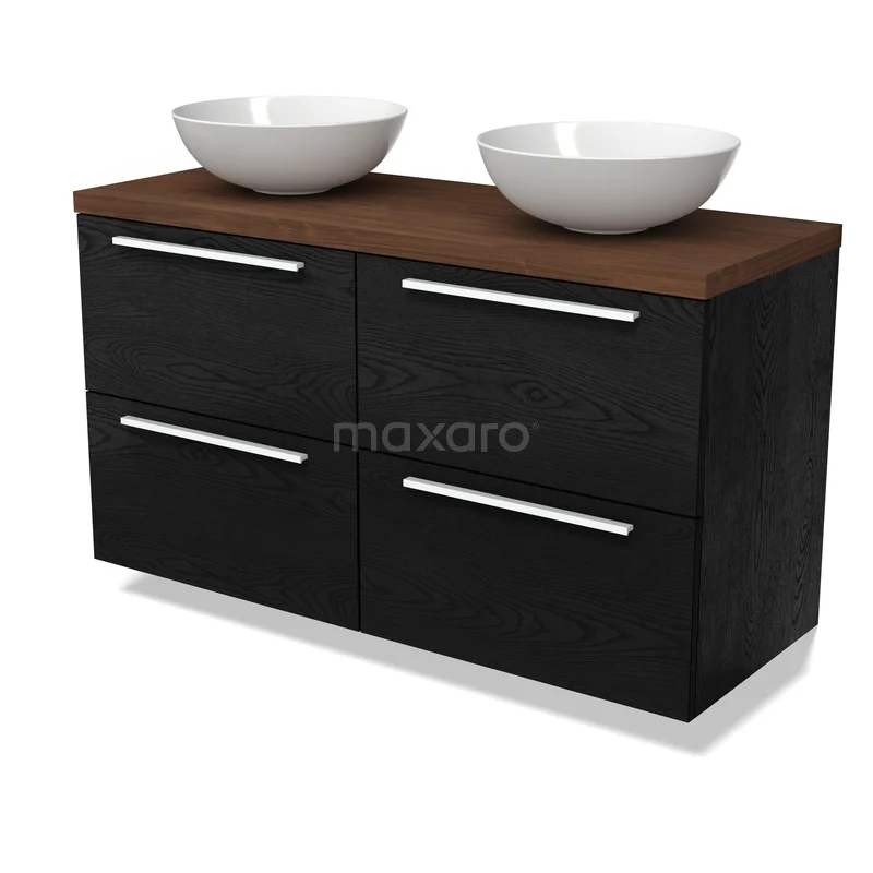 Modulo Plato Vanity units for countertop basin | 120 cm Black oak Flat front Walnoot worktop 4 drawers BMK18-02388 Zwart houten badkamermeubel met vier lades, walnoot blad en twee witte waskommen voor een moderne badkamerstijl.