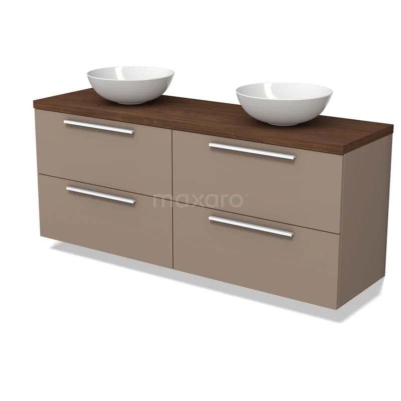 Modulo Plato Vanity units for countertop basin | 160 cm Taupe Flat front Walnut worktop 4 drawers BMK18-02412 Moderne taupe badkamermeubelset met houten blad en twee ronde witte wastafels, ideaal voor een stijlvolle badkamerinrichting.