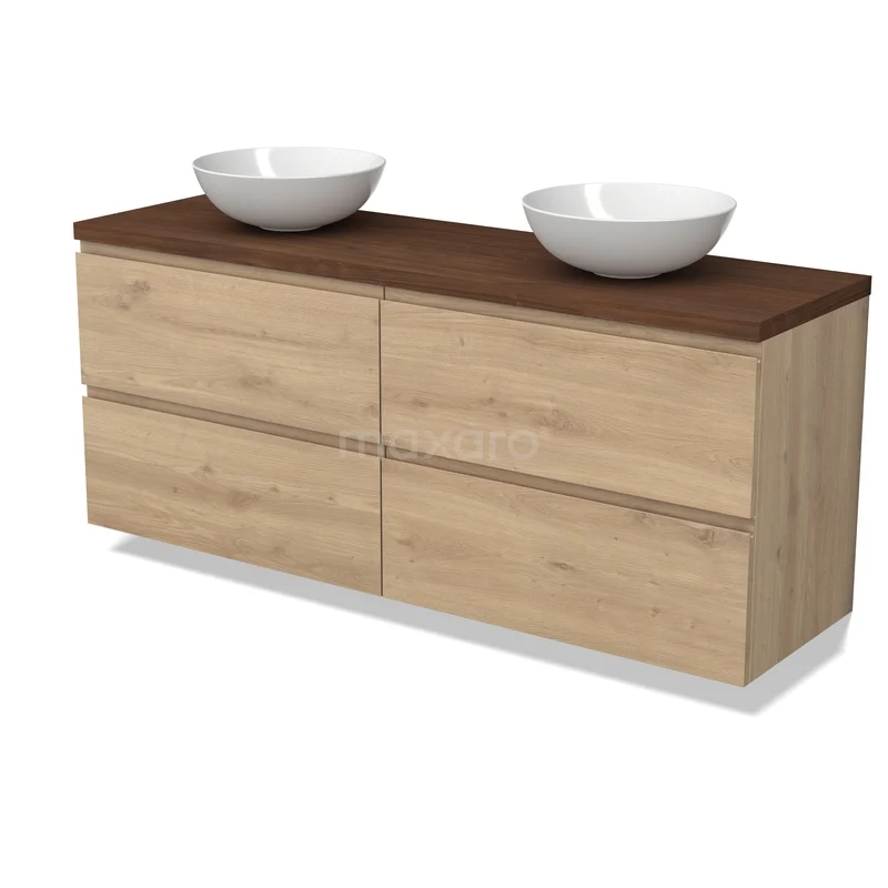 Modulo Plato Vanity units for countertop basin | 160 cm Light brown oak Handle-less front Walnoot worktop 4 drawers BMK18-02438 Houten badkamermeubel met dubbel wastafelblad, lichte eikenkleur, keramische kommen en moderne lade-indeling.