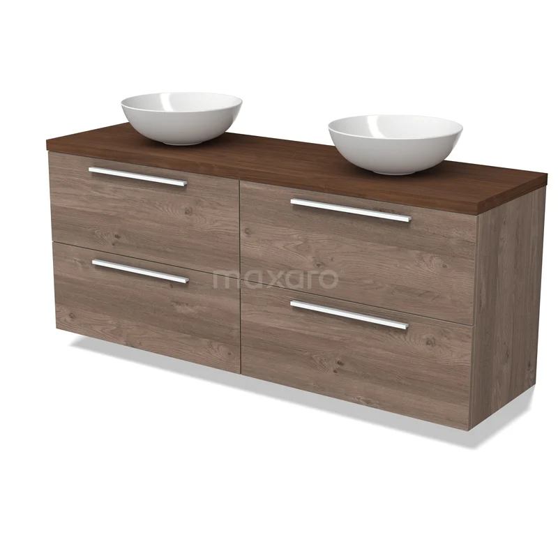 Modulo Plato Vanity units for countertop basin | 160 cm Mid brown oak Flat front Walnoot worktop 4 drawers BMK18-02439 Badkamermeubel houtlook, dubbel wastafelblad met witte opzetwaskommen, modern design en metalen handgrepen.