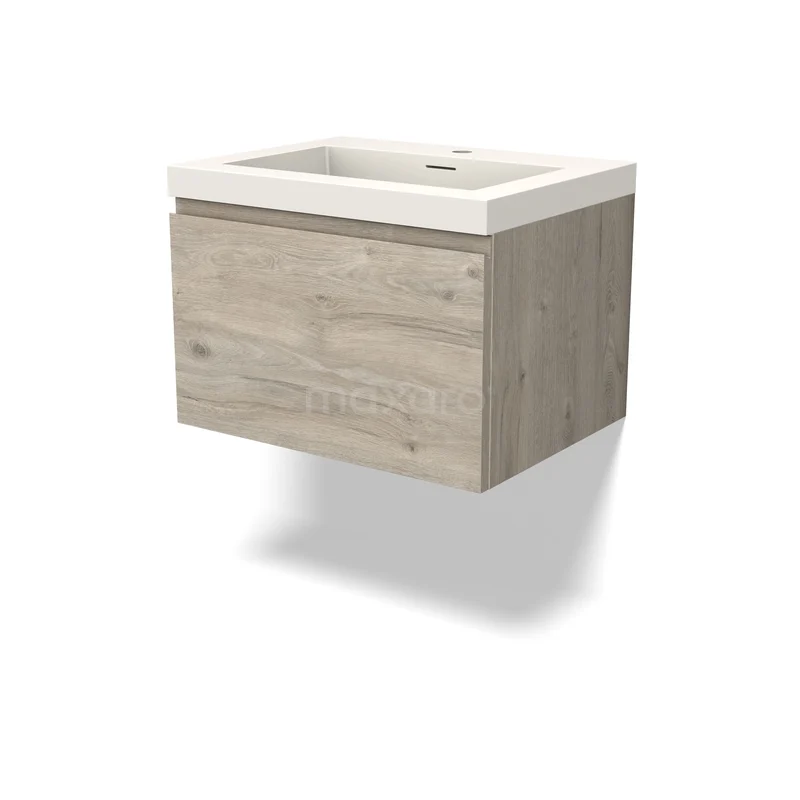 Houten badkamermeubel met wastafel, muurhangend in licht eikenlook, compact ontwerp geschikt voor moderne badkamers.