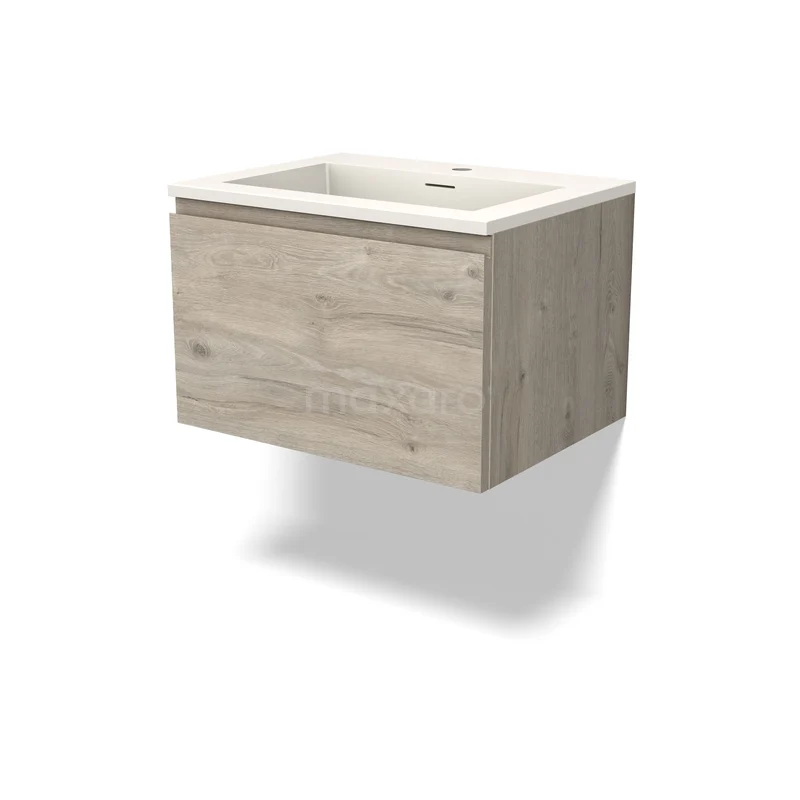 Modulo Badkamermeubel met wastafel | 60 cm Lichtgrijs eiken Greeploos front Solid surface 1 lade BMW11-04960 Wastafelmeubel houtlook, muurhangend design, met wit keramische wasbak, ideaal voor moderne badkamers.