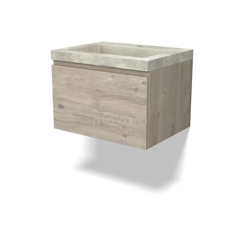 Modulo Badkamermeubel met wastafel | 60 cm Lichtgrijs eiken Greeploos front Beton 1 lade BMW11-04965 Houten badkamerkast met betonlook wastafel, zwevend ontwerp, ideaal voor moderne badkamers.