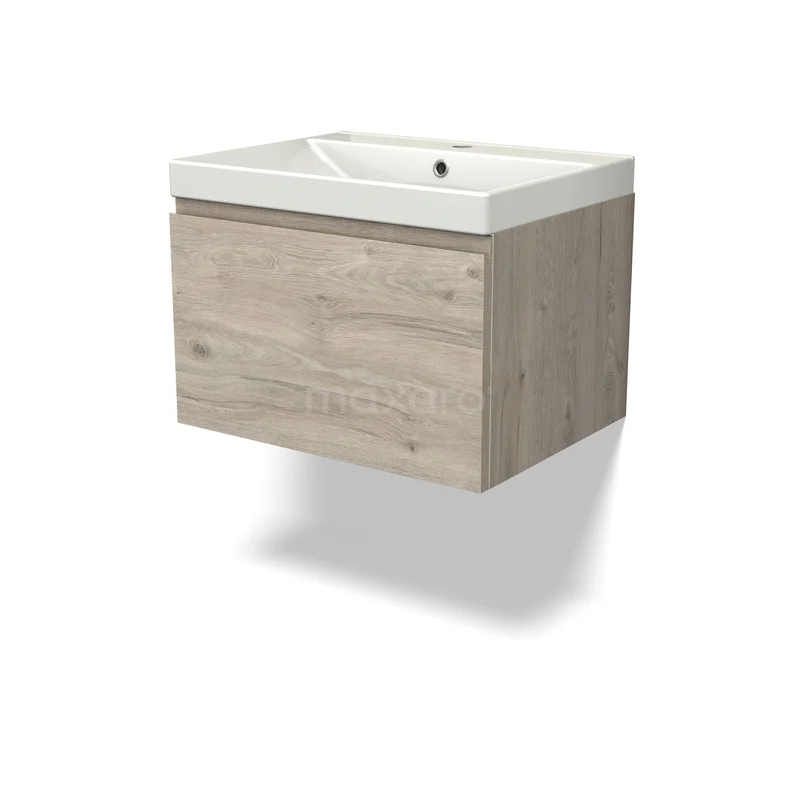 Houten badkamermeubel met wastafel, licht eiken kleur, compact design, wandmontage, ideaal voor kleine badkamers.