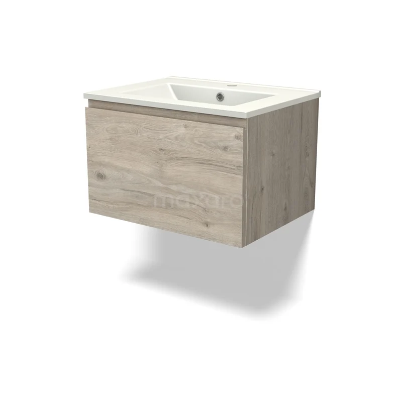 Modulo Waschtische | 60 cm Hellgraue Eiche Grifflos front Keramik 1 Schublade BMW11-04968 Hängendes Badmöbel mit Waschbecken, holzfarbiges Eichenfurnier, modernes minimalistisches Design für ein stilvolles Badezimmer.