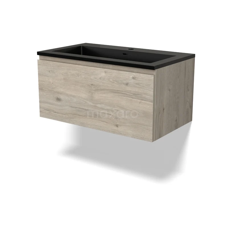 Houten hangend badkamermeubel met zwarte wasbak, modern design, eikenkleur, ideaal voor een stijlvolle badkamer.