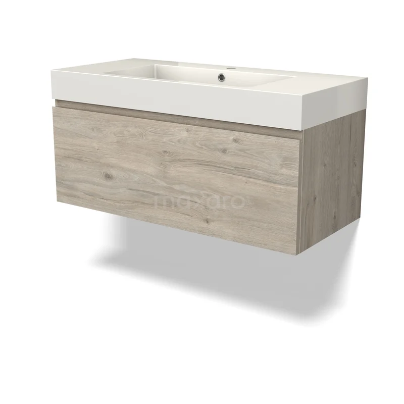 Houten badkamermeubel met lade, beige houtlook en wit keramisch wastafelblad, zwevend model uit moderne meubelserie.