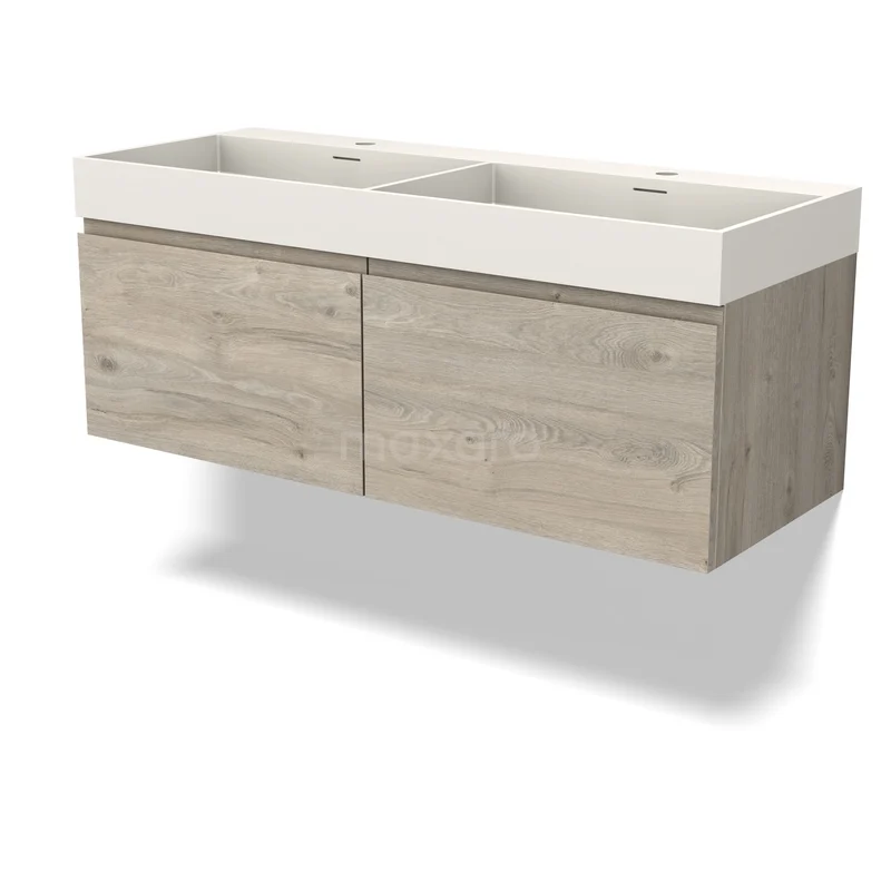 Modulo Badkamermeubel met wastafel | 120 cm Lichtgrijs eiken Greeploos front Solid surface 2 lades naast elkaar BMW12-01214 Houten badkamermeubel met dubbele wastafel, eikenlook, strak design en wandmontage, ideaal voor een moderne badkamer.