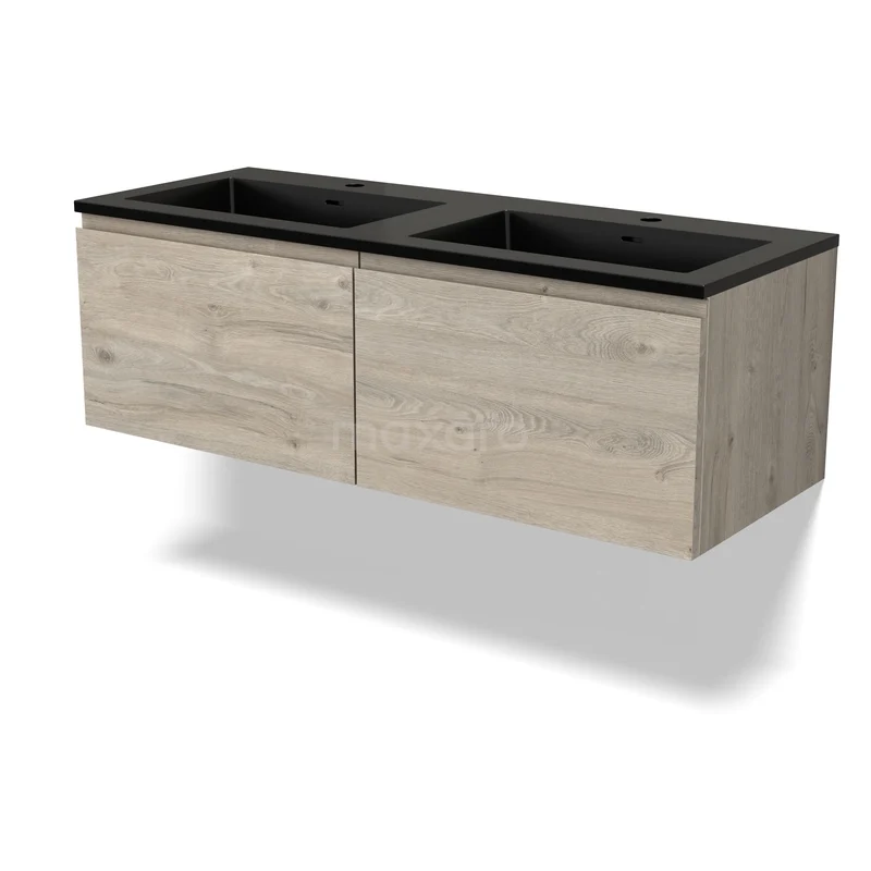 Modulo Badkamermeubel met wastafel | 120 cm Lichtgrijs eiken Greeploos front Quartz 2 lades naast elkaar BMW12-01216 Houten badkamermeubel met twee zwarte wasbakken, zwevend ontwerp, moderne uitstraling, ideaal voor een stijlvolle badkamer.