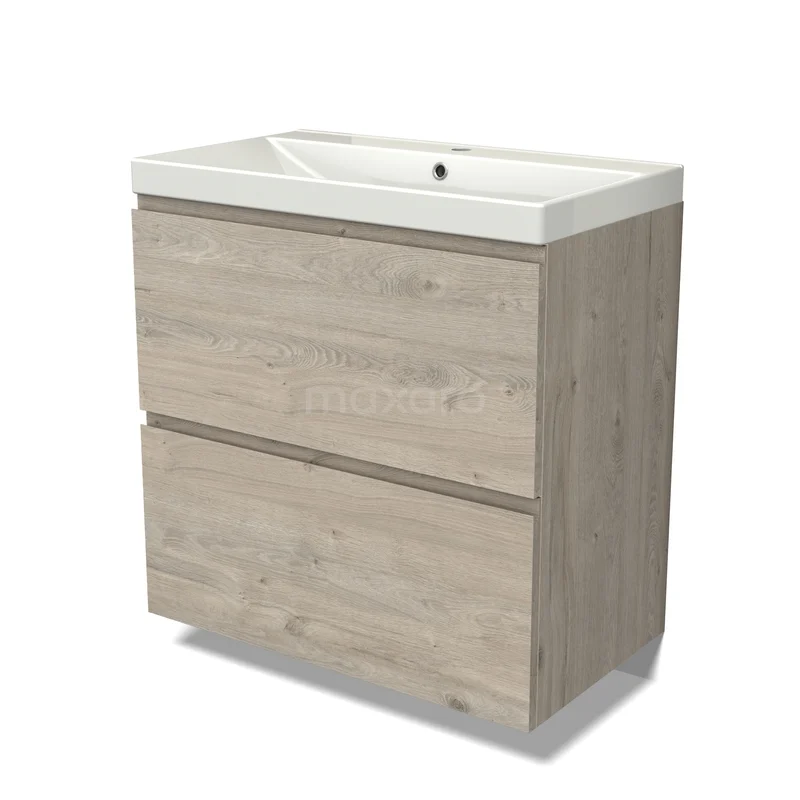 Houten badkamermeubel met twee laden en witte keramische wastafel, modern ontwerp voor functionele badkamerinrichting.